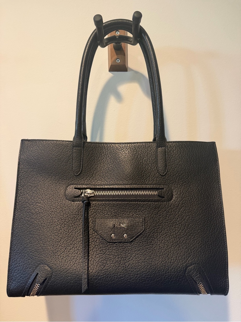Prune Black Pebbled Leather Tote with Front Zip